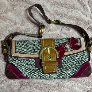 Coach Tweed and Leather Clutch with Burgundy Accents